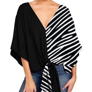 Black & White Stripe Tie-Hem V-Neck Cape-Sleeve Top - Women & Plus.